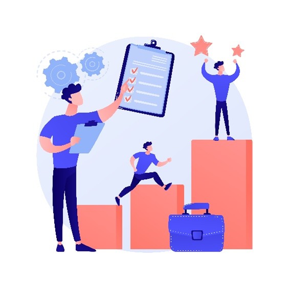 Grafik zeigt Person beim Erreichen von Karrierezielen mit Checkliste, Aufstiegstreppen und Symbolen für Erfolg. 