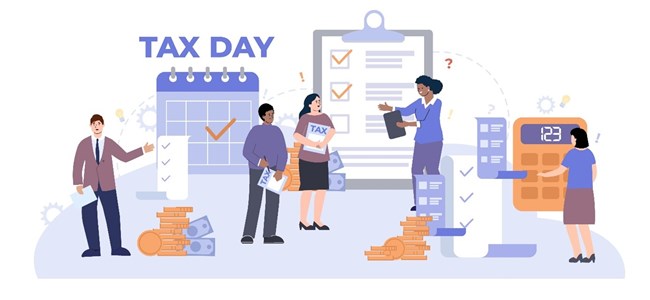 Eine Grafik zeigt Menschen, die gemeinsam an Steuerunterlagen vor einem Kalender und großen Finanzsymbolen arbeiten