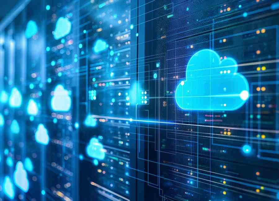 Ein Bild für digitale Technologie mit einem großen Server-Hintergrund und Neon-Symbolen für Cloud Computing