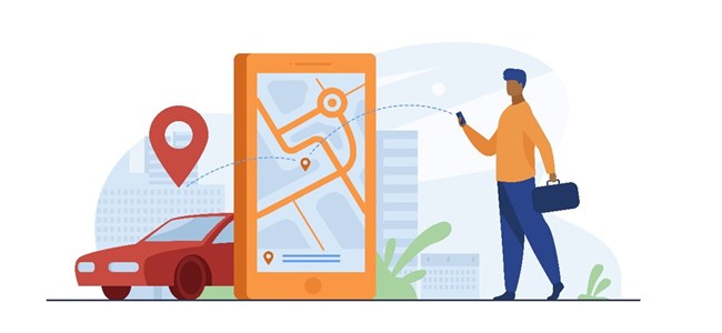  Grafik einer Person mit orange-farbenem Pullover und Aktentasche, die an einem Auto steht und sich über ein Gerät für die Fahrt registriert