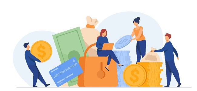 lllustration von Menschen mit Münzen, Banknoten, Kreditkarte und großem Schloss als Symbol für Finanzen und Sicherheit