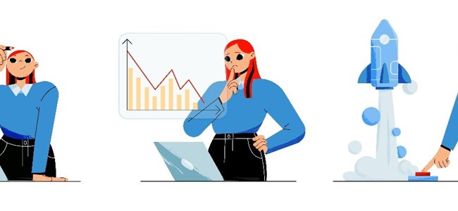 Drei Szenen mit einer Frau am Laptop: Ideenentwicklung, Datenanalyse und Projektstart mit Raketenstart-Symbol. 