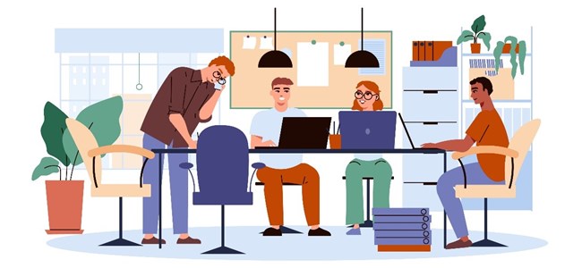 Illustration einer Arbeitsgruppe im Büro mit vier Personen, Laptops, Aktenordnern und Pflanzen