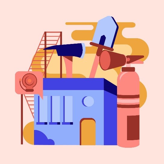 Grafische Darstellung eines Industriegebäudes mit Sicherheitsausrüstung und Kommunikationssymbol