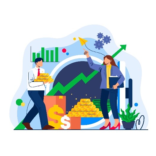 Grafische Darstellung von Investment und Gewinnentwicklung mit Balkendiagramm und Geldstapel